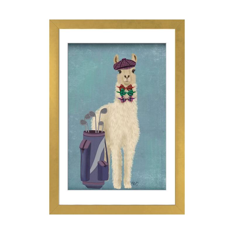 iCanvas "Llama Golfing" by Fab Funky - Gold - 24x16x1