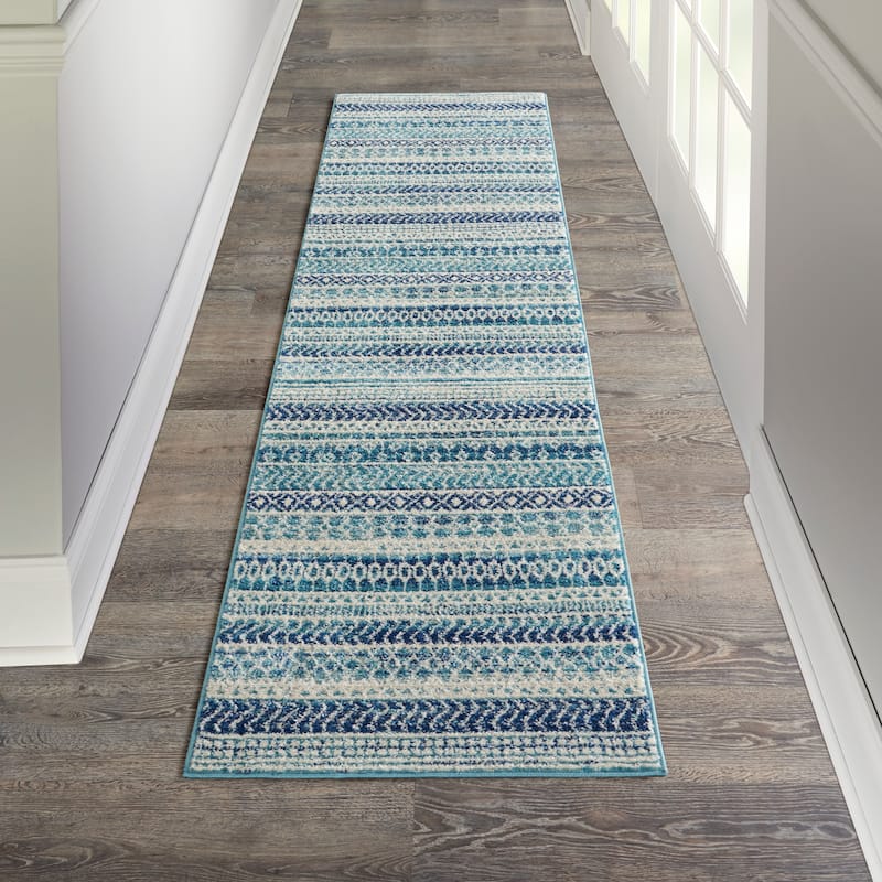 Nourison Passion Indigo Blue Coastal Geometric Area Rug - 2'2" x 7'6" Runner - Navy