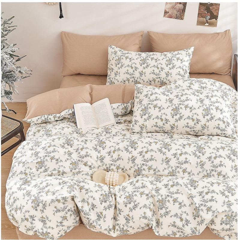 Demi Gray White Floral 100% Cotton Reversible Comforter Set