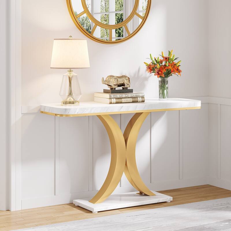 Wood Narrow Console Table with Geometric Base - 39.4" L x 11.8" D x 32.7" H - White anf Gold