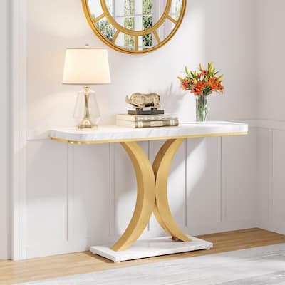 Wood Narrow Console Table with Geometric Base - 39.4" L x 11.8" D x 32.7" H