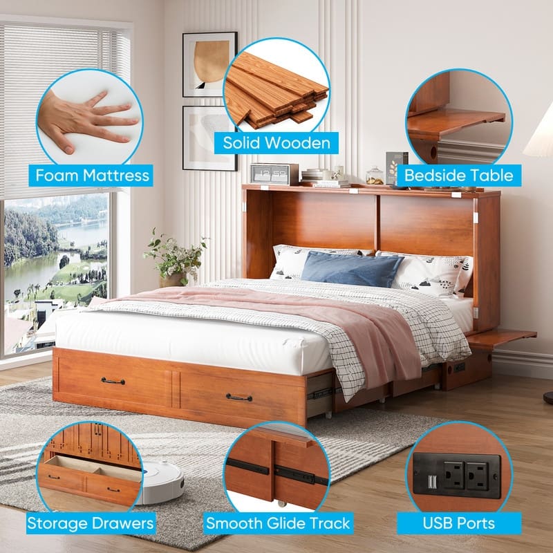 Mixoy Queen Size Murphy Bed with Mattress,Foldable Space-Saving Cube Cabinet Bed