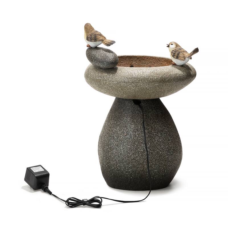 Glitzhome 21"H Zen-Style Faux Stone Birdbath Outdoor Fountain with Birds & LED Light