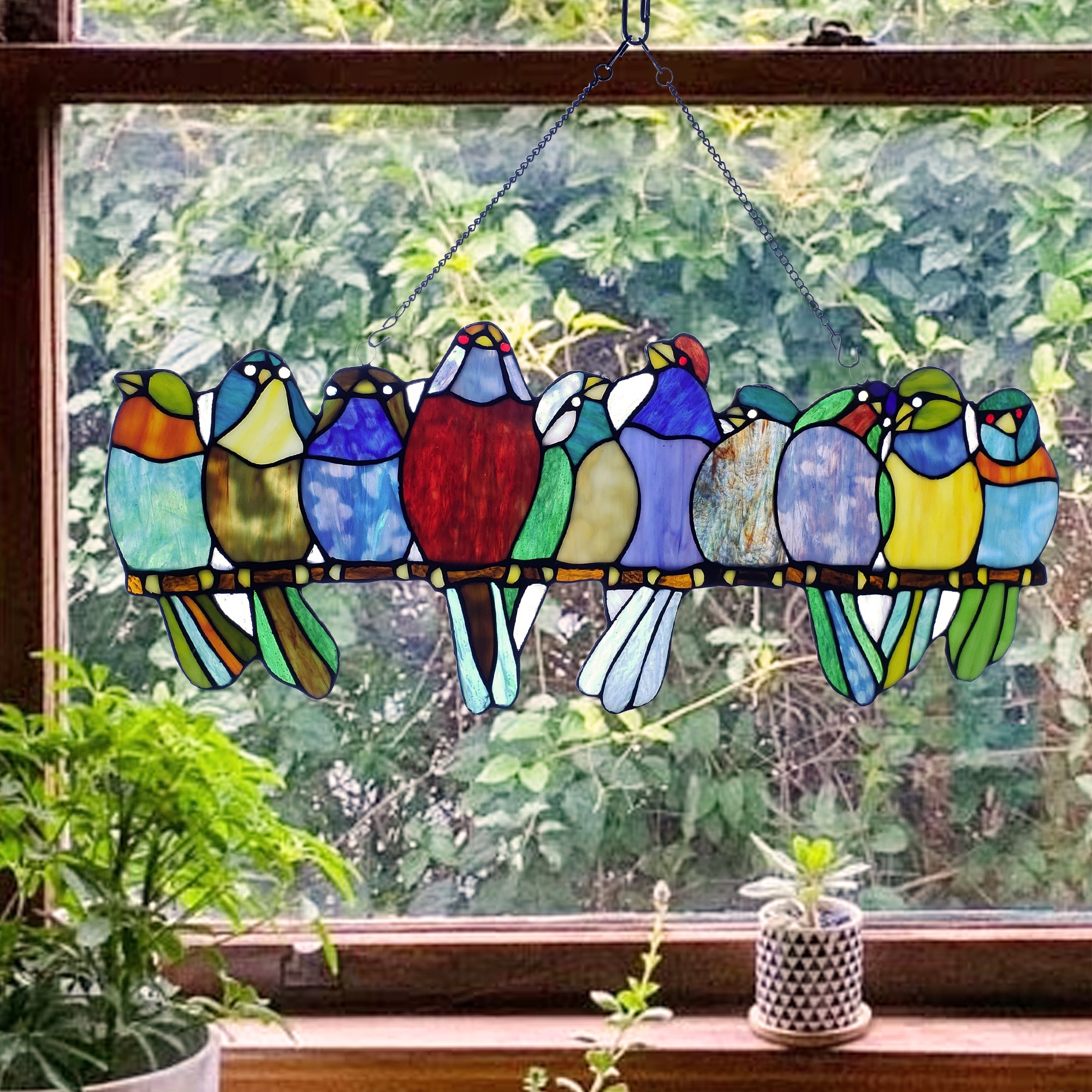 Perching Birds Design Multicolor Tiffany Style Glass