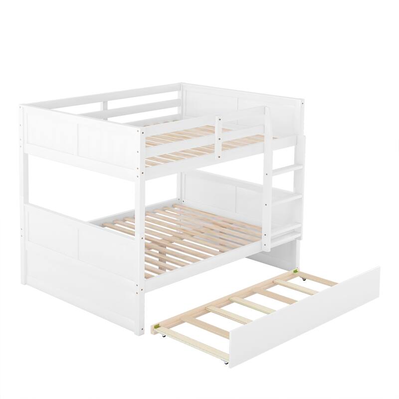 Full Over Full Bunk Bed with Twin Trundle, White - Space-Saving Triple Sleeper with Solid Wood Frame