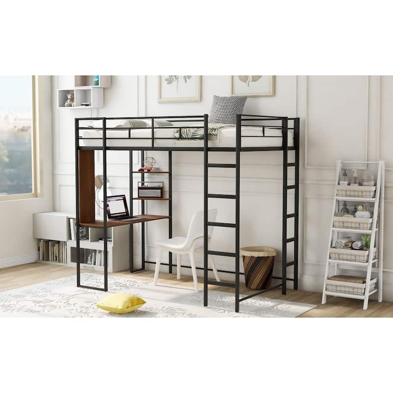 Black Twin Size Metal Loft Bed with Ladder, Fence, Shelves, and Desk