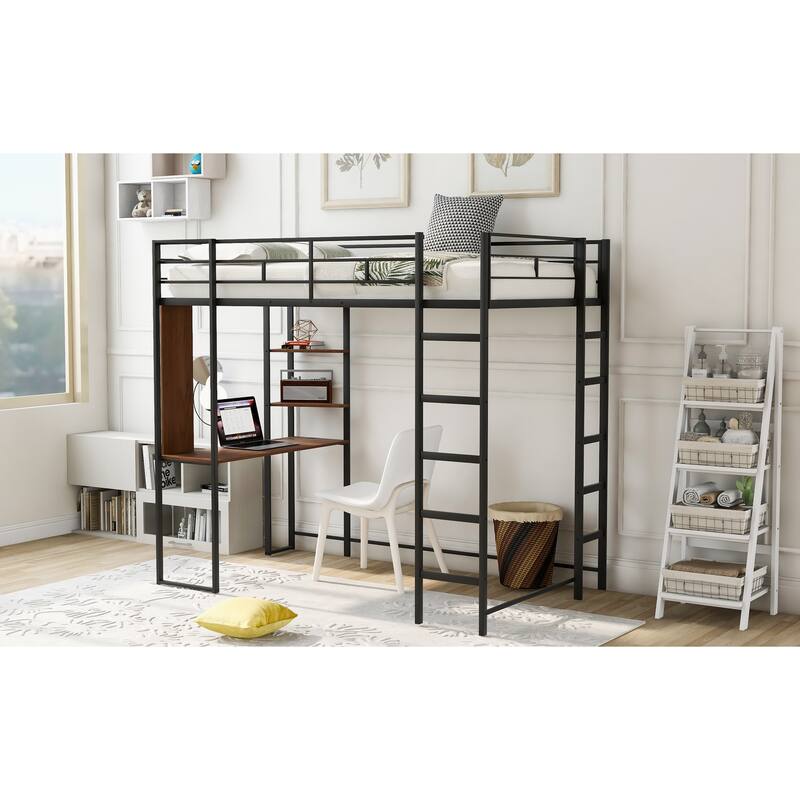 Twin Size Metal Loft Bed with Desk and Shelves, Black Finish