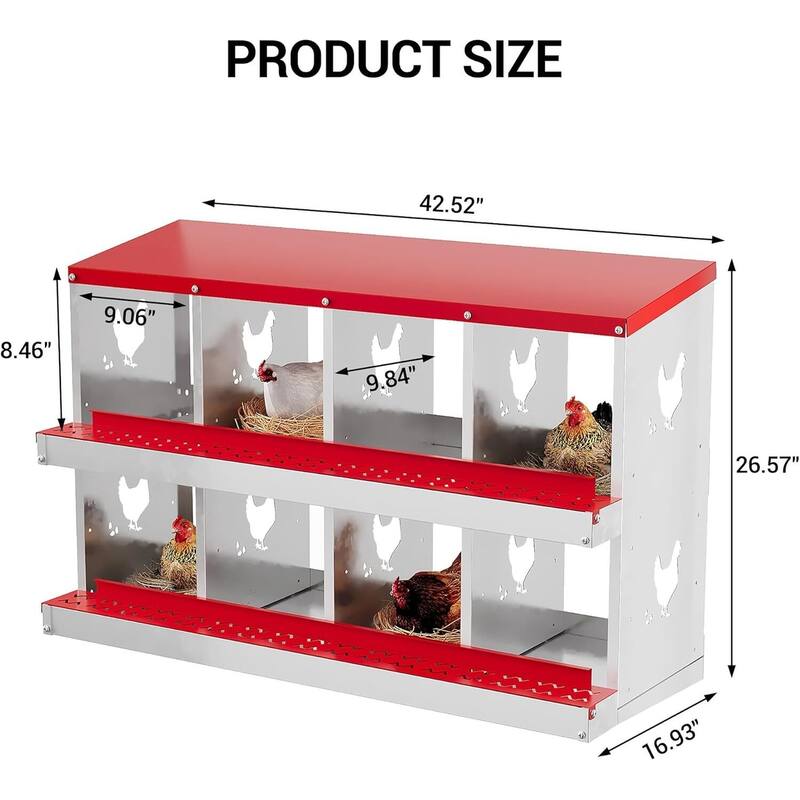 Wall-Mount or Free-Standing Metal Chicken Nesting Box for Hens, Red