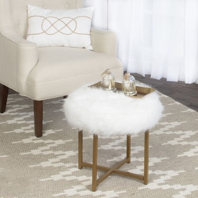 Silver Orchid Hartau White Faux Fur Round Stool with Goldtone Metal base