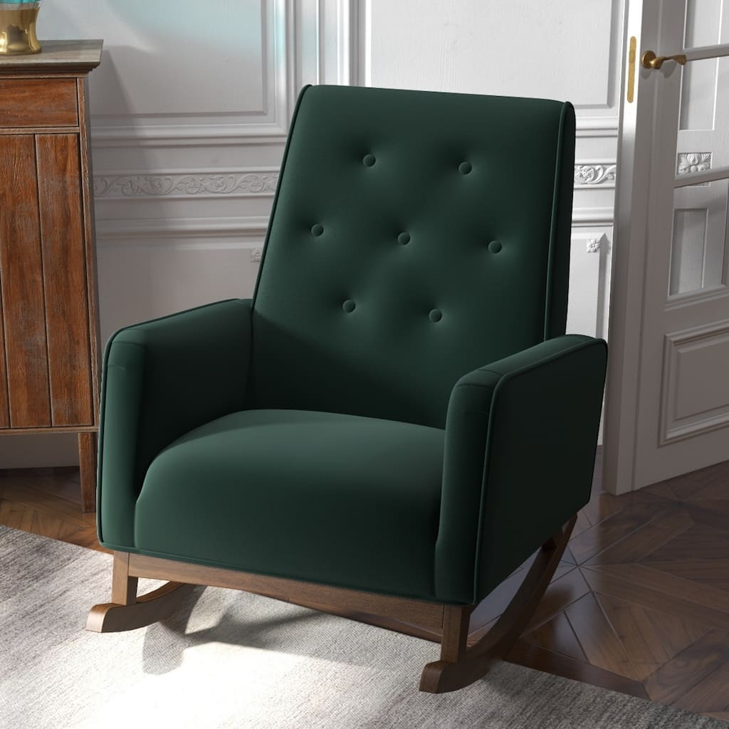 Rocking Chair with High Density Foam Cushion, Reading Chair with Solid Wood Legs, High Back Lounge Chair with Armrest