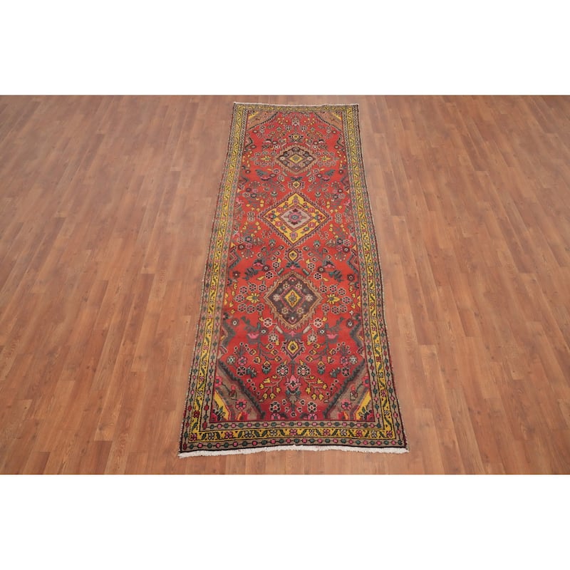 Hand Knotted Oriental 100% Wool Carpet Traditional Floral Oranges & Rust Hamedan Runner Rug - 9' 10'' X 3' 4''
