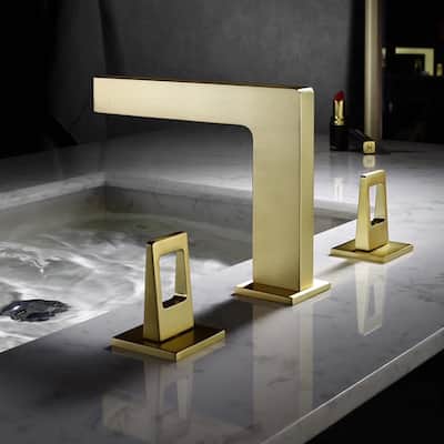 Brushed gold 3 holes two handles wideSpread bathroom basin faucets with pop up drain - 7'6" x 9'6"
