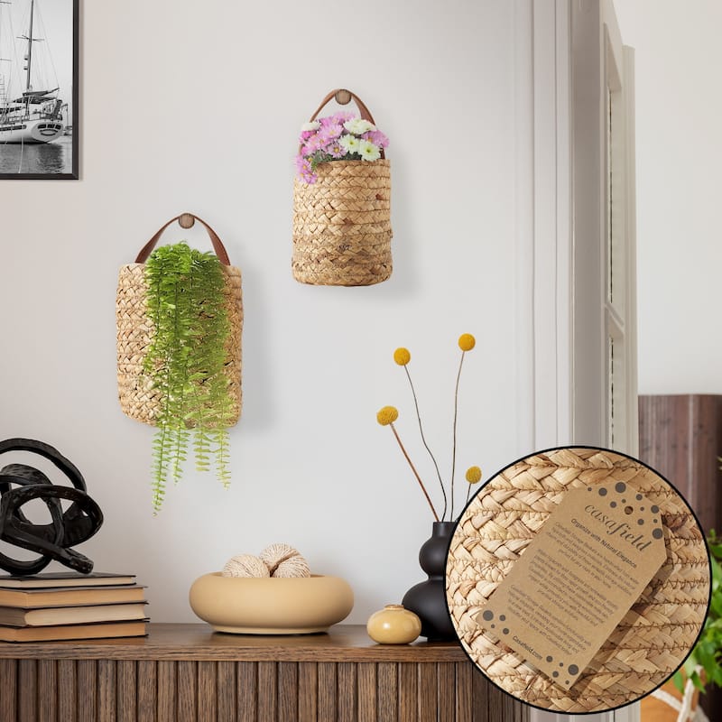 2pk Wall Hanging Baskets Natural Hyacinth Plant and Flower Pots - Tan