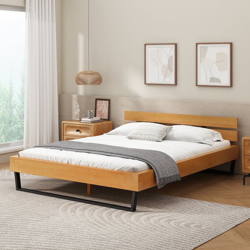 Queen Size Pine Wood Bed Frame in Natural & Black, Modern Industrial Design - Black+Natural