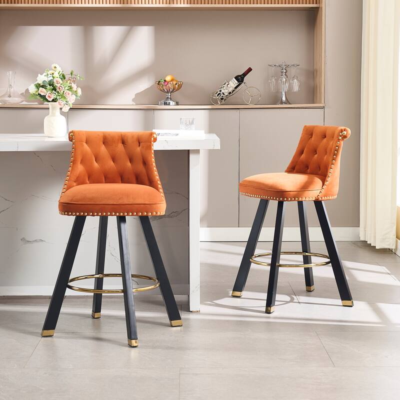 Versatile Velvet Tufted Bar Chairs Set of 2 Swivel Bar Stools with Back Pull Ring, Rivet Decoration and Wooden Square Foot