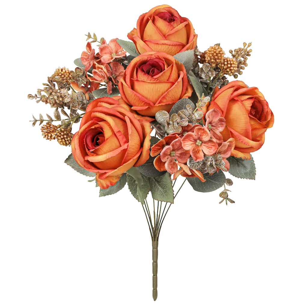 Set of 2 Orange Artificial Mixed Rose Hydrangea Berry Flower Stem Bush Bouquet 19in - 19" L x 10" W x 10" DP