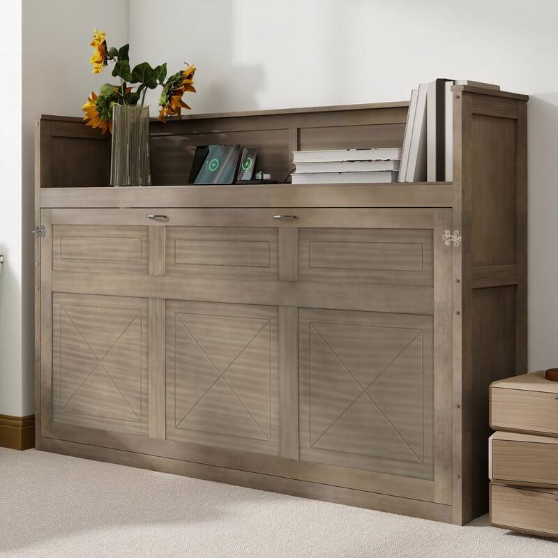Twin XL Foldable Murphy Bed with Built-in Desk, USB Ports and LED Lighting, Pine Wood Frame, No Box Spring - Grey - Twin XL