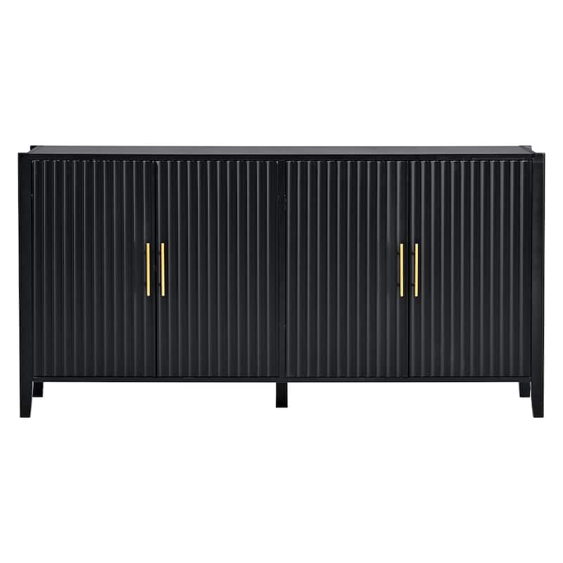 63.1"Modern 4-Vertical Wavy Slatted Doors Sideboard,Storage Cabinet With Elegant Design, Solid Wood Legs, Metal Handles