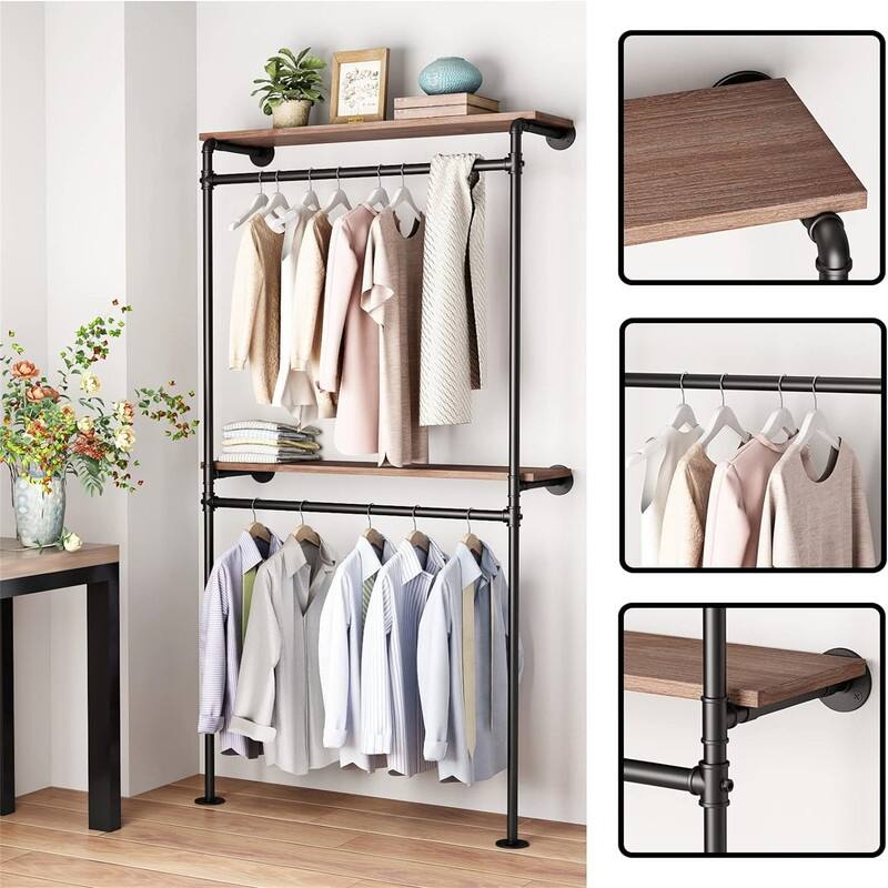 Industrial Pipe Clothing Racks with 2 Tier Shelves