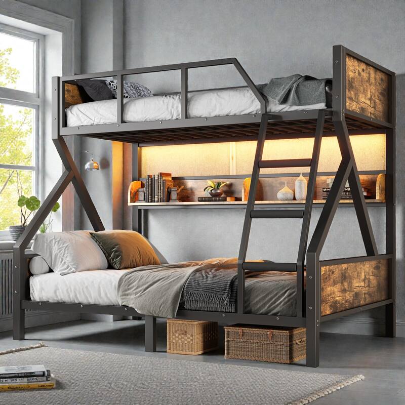 Space-Saving Metal Bunk Bed with Shelves, LED Strip Lighting, Guardrails and Woodgrain Panels, Multiple Size Options