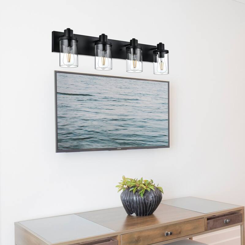 Rustic Wall Light Fixture in Matte Black Finish, 4 Light Bathroom Vanity Lighting with Clear Glass Shade