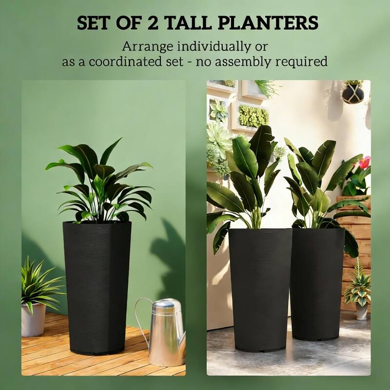 Tall Planters Set of 2, Large Tapered Flower Pots with Drainage Holes