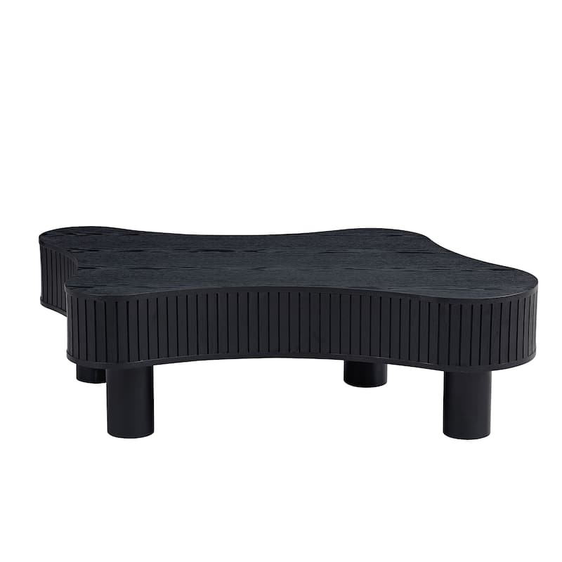 Modern Irregular Shaped Coffee Table Compact Wooden Accent Table with Side Vertical Stripe Fluted Decor and Wood Grain Surface