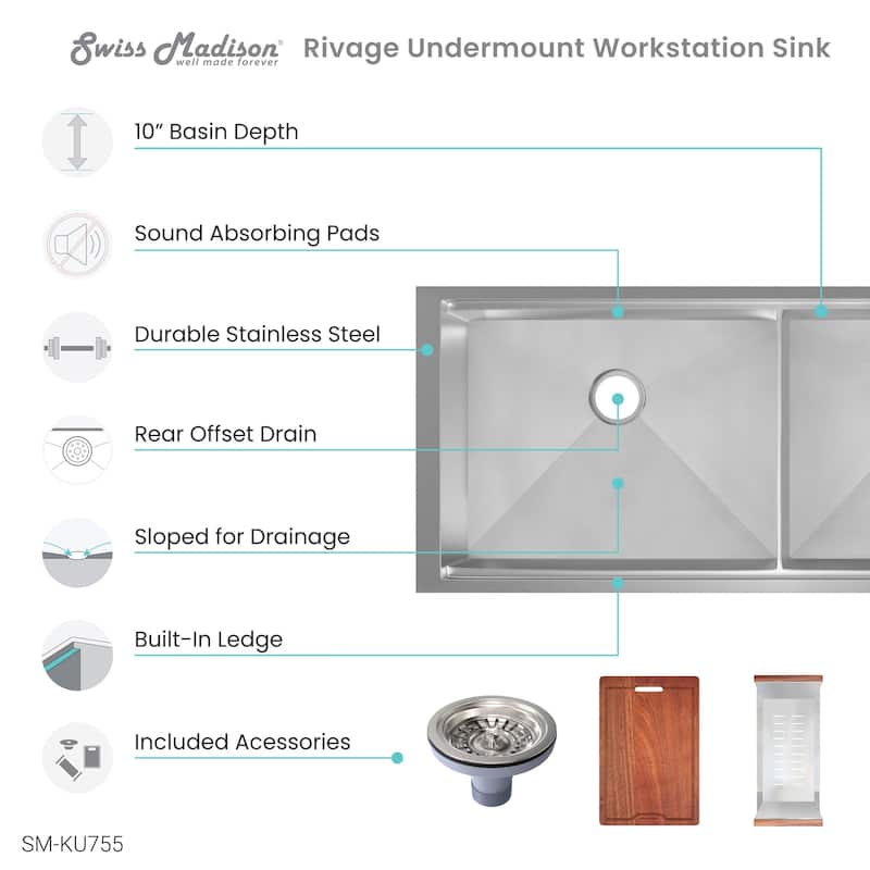 Rivage 45 x 19 Dual Basin Undermount Kitchen Workstation Sink - 45 x 19