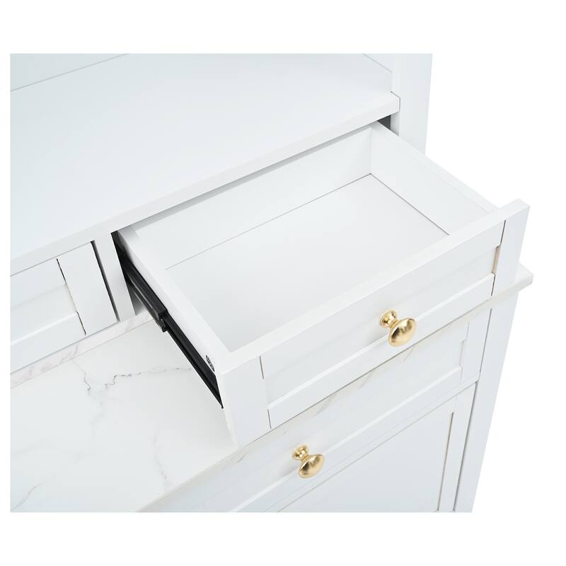 Roomfitters Modern 83.7" Tall Kitchen Hutch with Faux Marble Top and Adjustable Shelf
