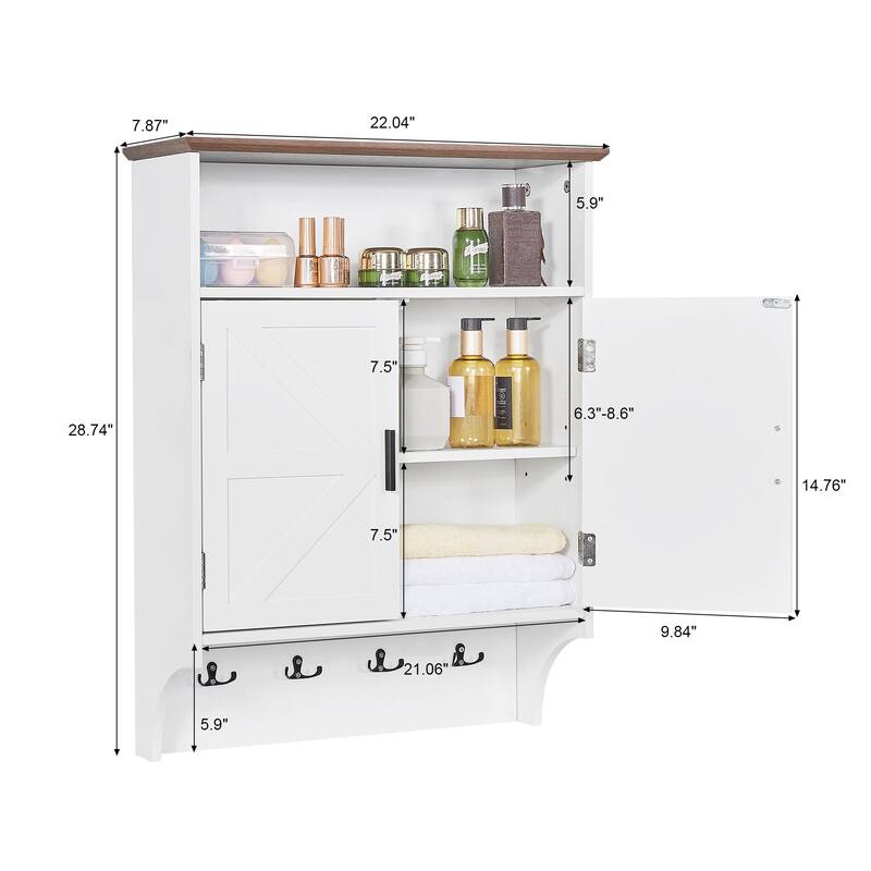 VECELO 28.74" Height Wall Mounted Bathroom Cabinet with Adjustable Shelves Double Door Medicine Cabinet with Open Shelf & Hooks