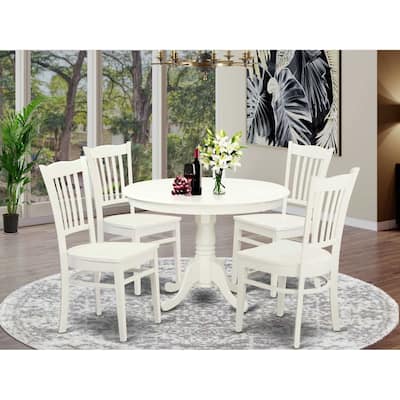 HomeStock 5-Pc Round Linen White Finish Solid Wood Top Dining table with 4 Chairs