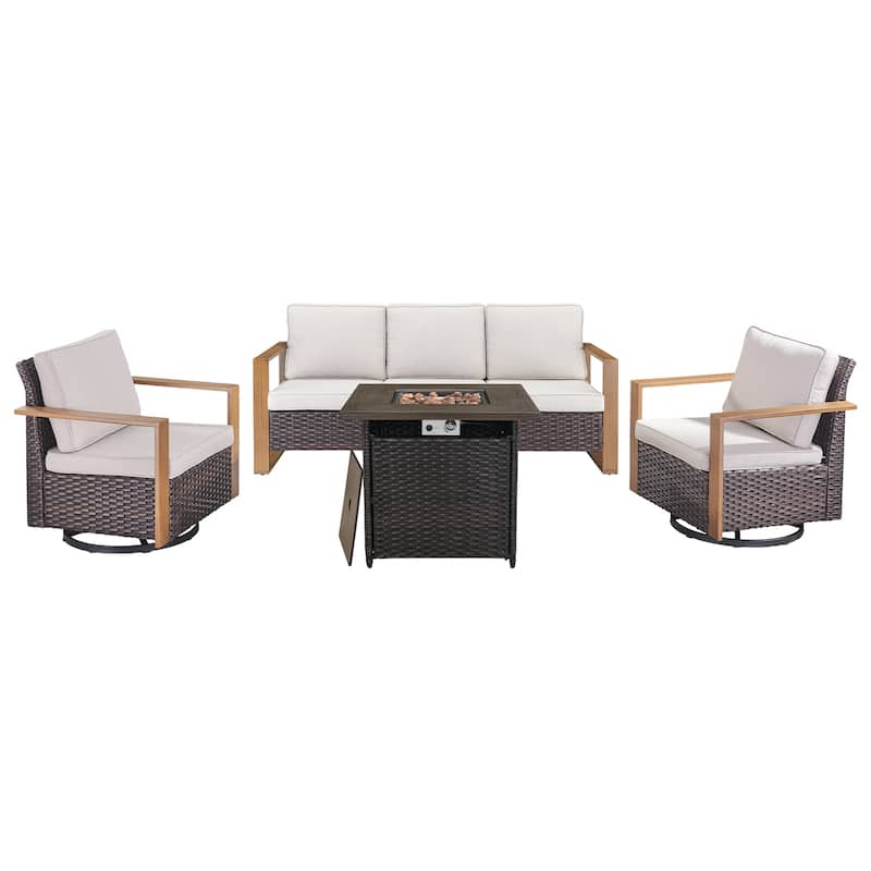 Pocassy Outdoor Fire Pit with 3-Seat Sofa Swivel Chairs Patio Furniture Set