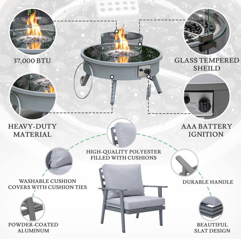 Walbrooke 5-Piece Outdoor Powder-Coated Frame Patio Furniture Set with Fire Pit Table, Tank Holder and Polyester Cushions