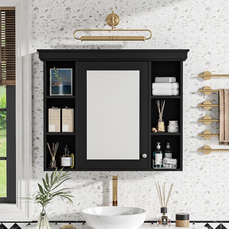 Roomfitters 35x28 Inch Wall Mounted Bathroom Storage Cabinet with Mirror Door and 6 Open Shelves