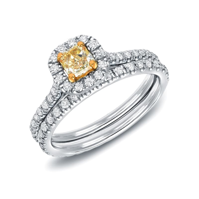 Auriya 14k Gold 1 carat TW Cushion-cut Halo Yellow Diamond Engagement Ring Set - 4