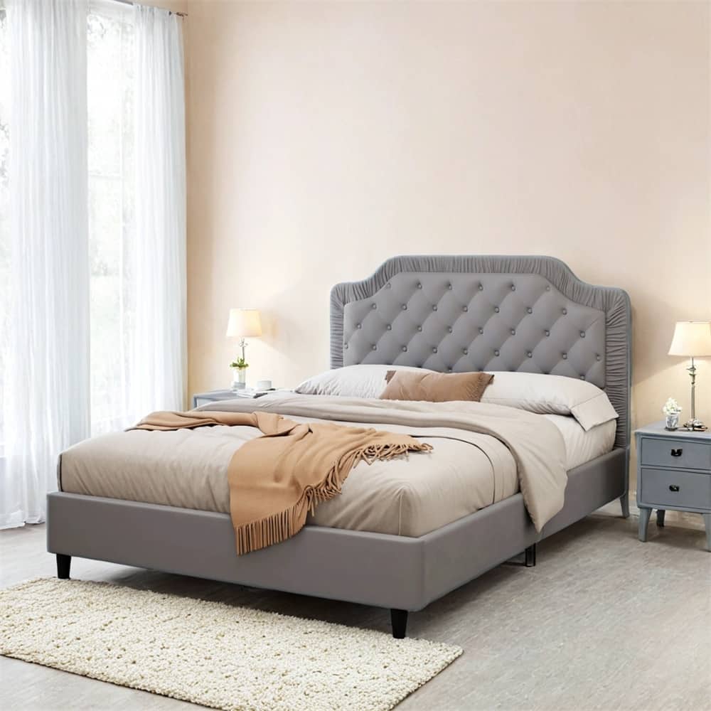 Full Size Upholstered Bed with Ruched and Button Tufted Headboard