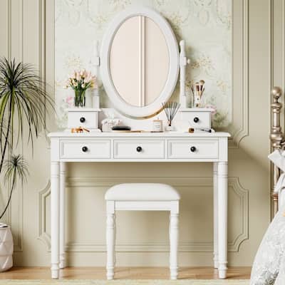 38" Wooden Vanity Desk with Adjustable Angle Mirror and Cushioned Stool, 5 Drawers