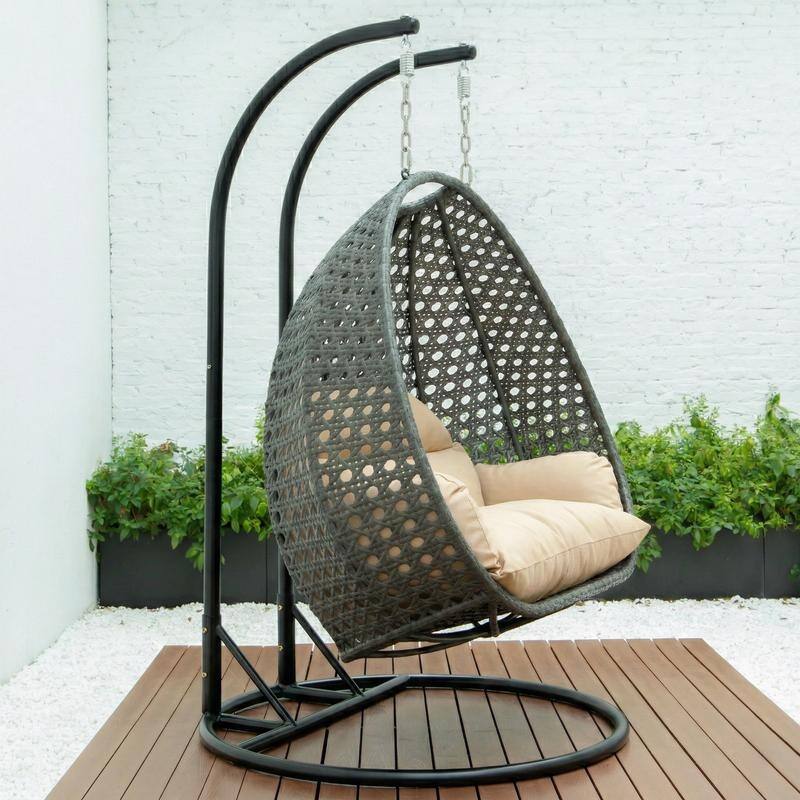 Leisuremod Modern Hanging Egg Swing Chair for 2-Person with Metal Stand, Charcoal Wicker, Patio Hammock Lounger with Cushions
