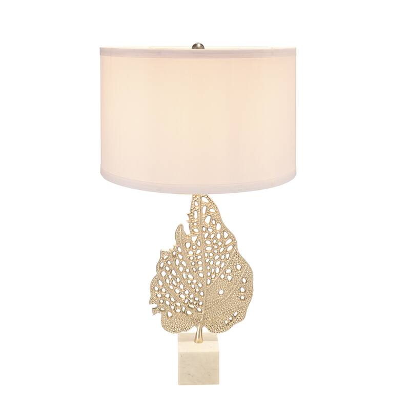 D15x29.3" White and Silver Leaf Table Lamp with Drum Shade and Marble Base