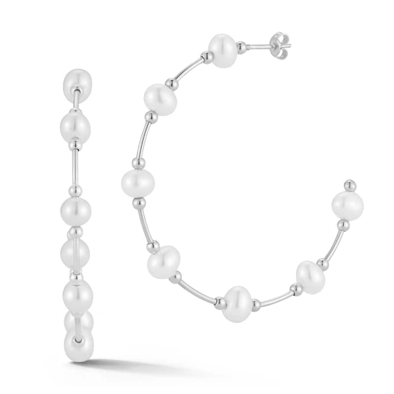 Soleil Sterling Silver Freshwater Pearl Station Large Hoop Earrings - White