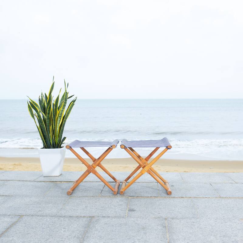 SAFAVIEH Outdoor Nazmiye Petite Stool (Set of 2) - Natural/Navy Striped