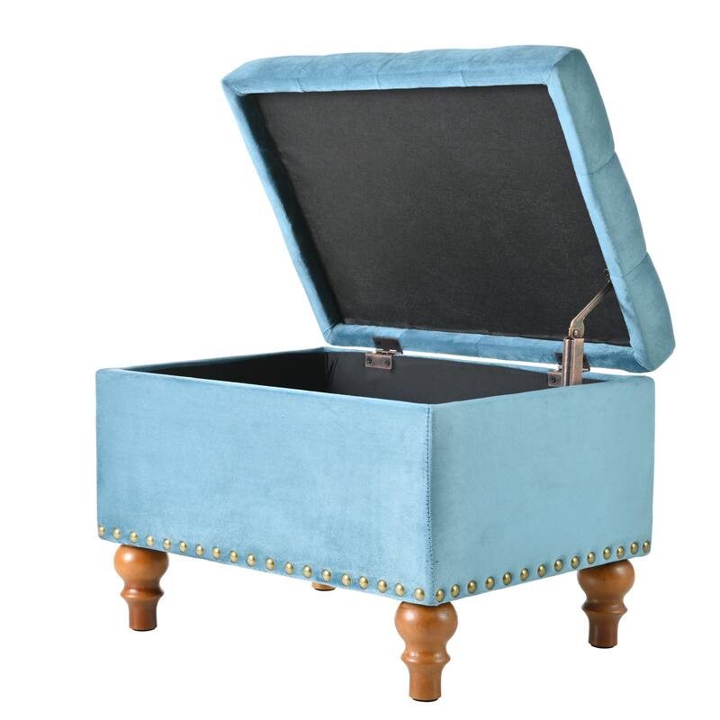 Square velvet upholstered Ottoman with storage space, hidden support hinge with easy to open top, rivet trim around