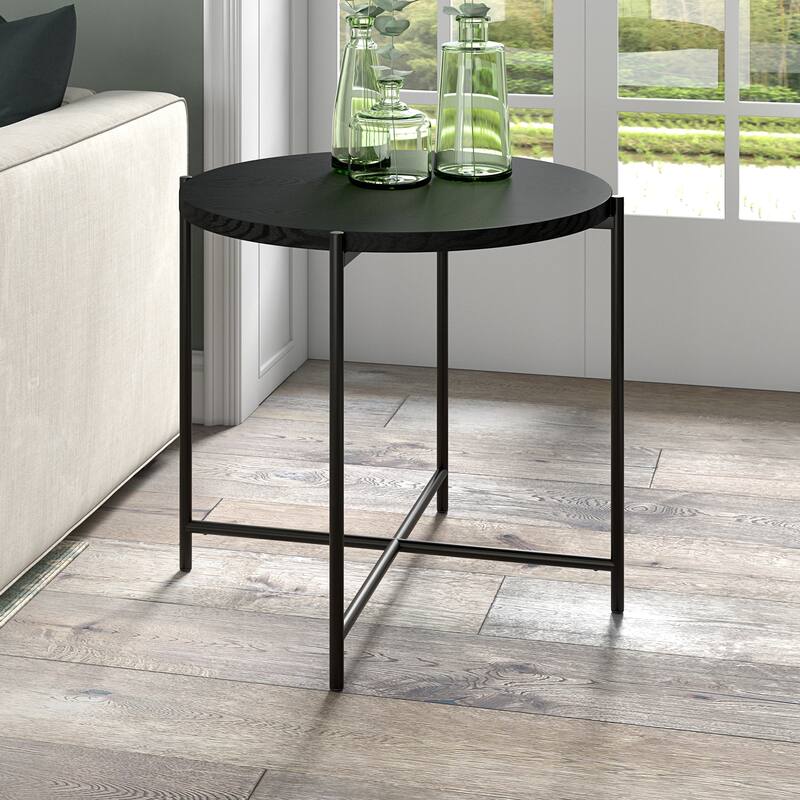 Loretta 23.63" Wide Round Side Table with MDF Top - Blackened Bronze/Black Grain