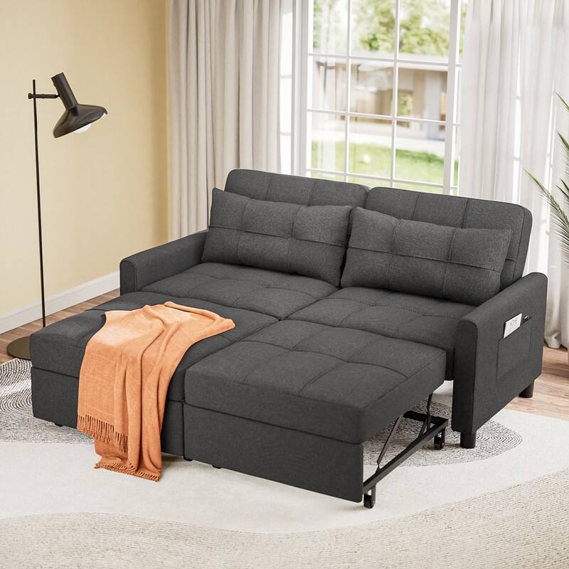 3-in-1 Convertible Sleeper Sofa Loveseat with Pullout Bed and Adjustable Backrest - Dark Grey