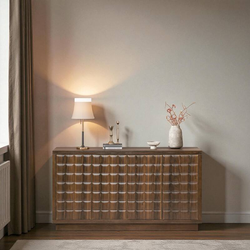 Modern 4-Door Wood Storage Cabinet with 3D Geometric Doors, Metal Trim & Adjustable Shelves for Living Room or Office - Brown