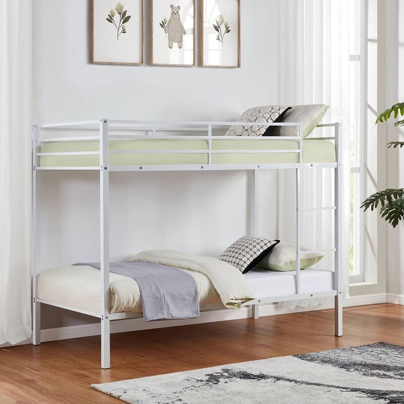 Twin Over Twin Metal Bunk Bed, Low Profile, Ladder, High Guardrail