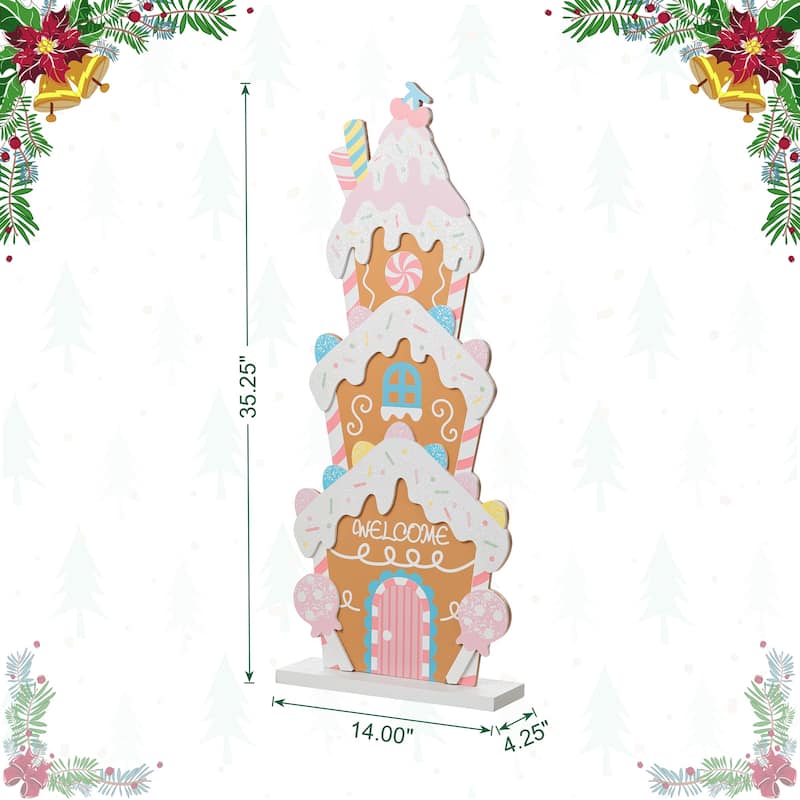 Glitzhome 35.25"H Wooden Christmas Gingerbread House Porch Decor - Pink