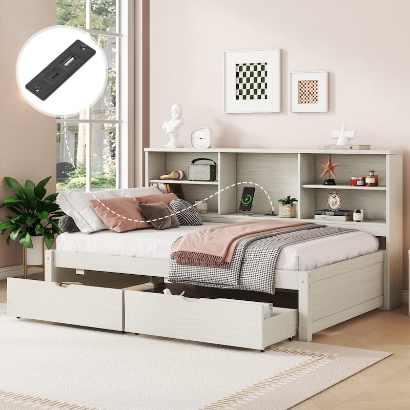 Kids Bookcase Bed Storage Daybed Twin Size Platform Bed with Built-in Convenient Charging Station, Drawers and Shelves - Creamy White - Twin
