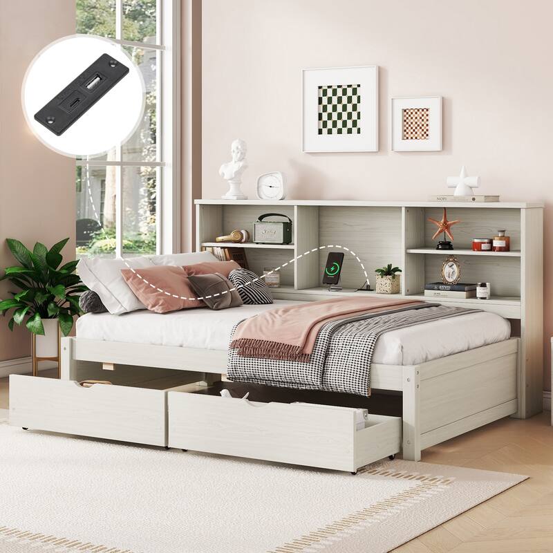 Twin Size Bed Frame with Side Bookshelves, Drawers, and USB Port in Creamy White