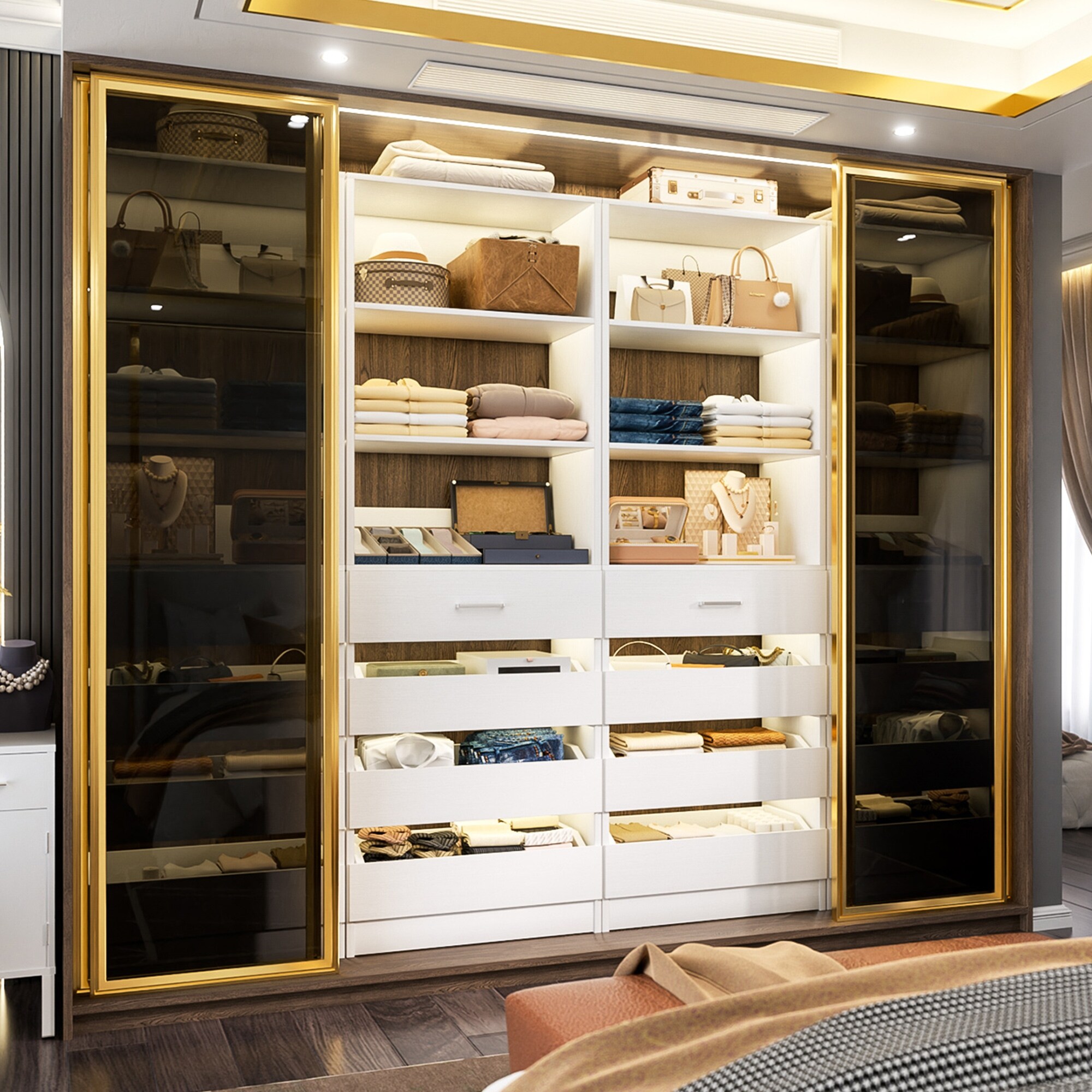 21.3'' W Closet System with 4 Drawers, 1.78FT Walk in Closet Organizer  Wardrobe with Open Shelves